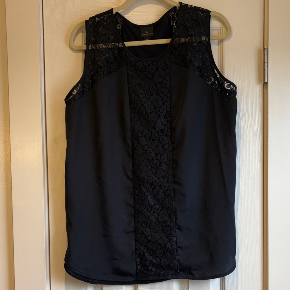 Worthington | Basic Black Blouse Tank Top See-Through Floral Panels Size XL
